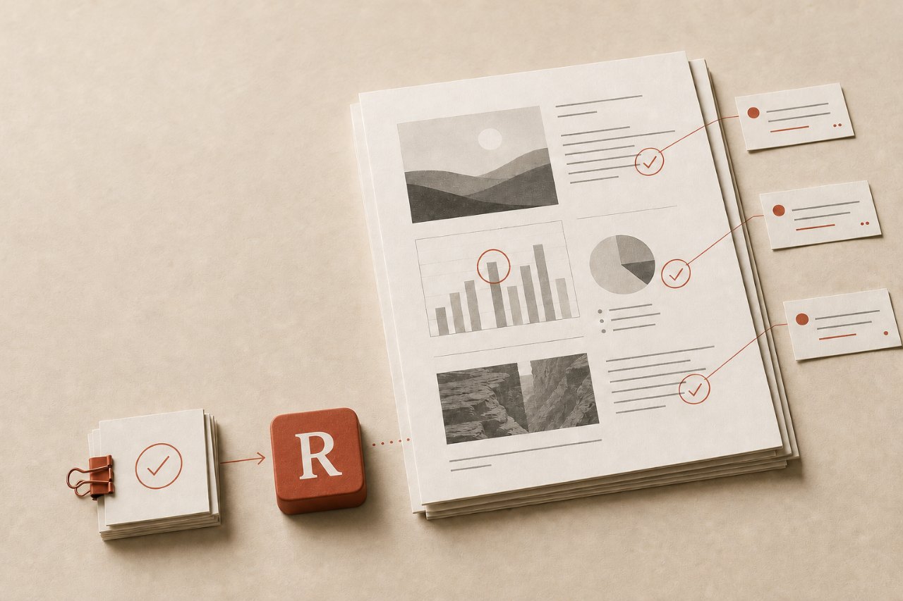 A Reviewable review moving from an artifact through an anchored comment and approved decisions into the R handoff mark.